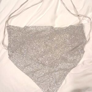 Rhinestone cowled neck lined bib shirt